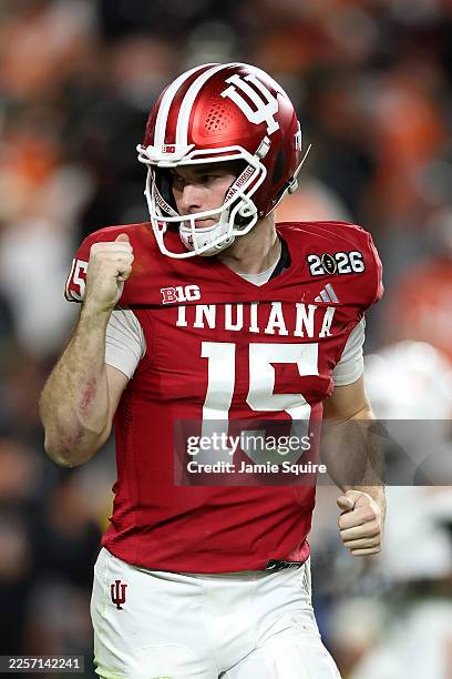 Fernando Mendoza of the Indiana Hoosiers reacts after a second quarter touchdown against the Miami Hurricanes in the 2026 College Football Playoff...