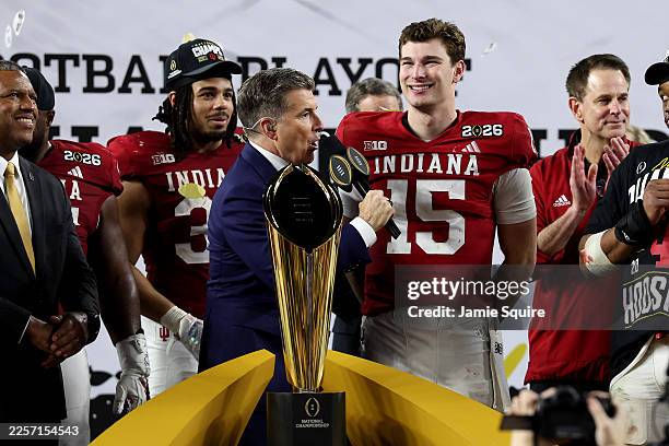 S Rece Davis interviews Fernando Mendoza of the Indiana Hoosiers after Indiana after defeated the Miami Hurricanes 27-21 in the 2026 College Football...