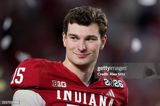 Fernando Mendoza of the Indiana Hoosiers looks on after defeating the Miami Hurricanes 27-21 in the 2026 College Football Playoff National...