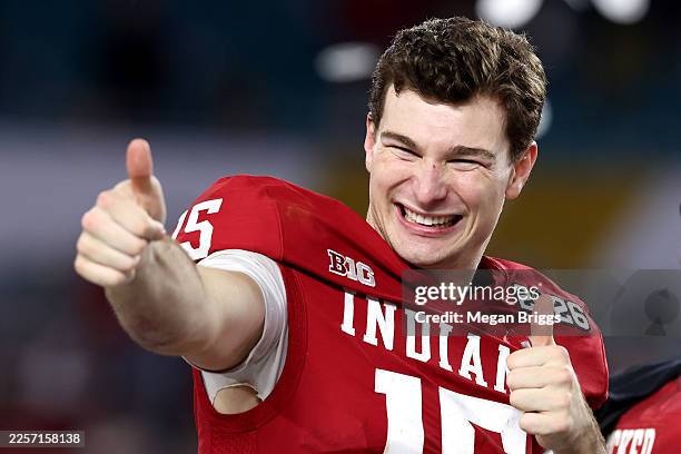 Fernando Mendoza of the Indiana Hoosiers celebrates after defeating Miami Hurricanes 27-21 in the 2026 College Football Playoff National Championship...