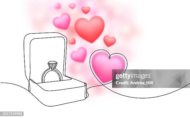 engagement ring proposal continuous line drawing with 3d hearts on defocused background - diamond ring on white stock illustrations