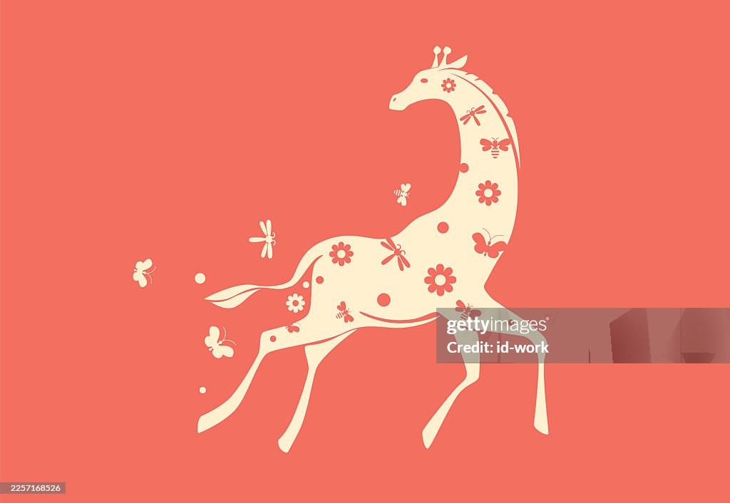Funny giraffe running with insects symbol