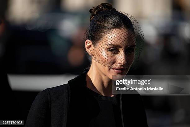 Olivia Palermo arrives at the funeral ceremony for the late Italian fashion designer Valentino Garavani at Basilica di Santa Maria degli Angeli e dei...