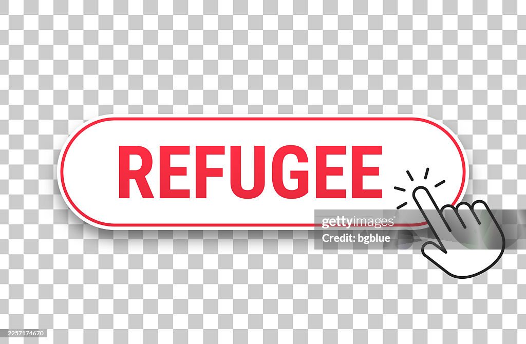 Refugee - 3D click web button with hand cursor on blank background