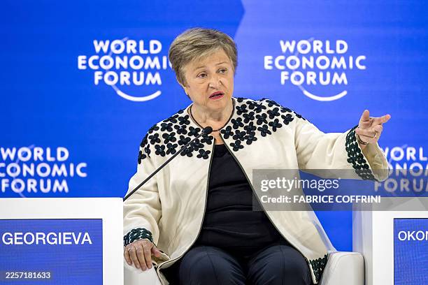 International Monetary Fund managing director Kristalina Georgieva gestures as she speaks during the final day of the World Economic Forum annual...