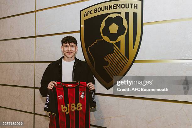 New AFC Bournemouth signing Alex Toth is unveiled at Canford Performance Centre on January 19, 2026 in Wimborne Minster, England.