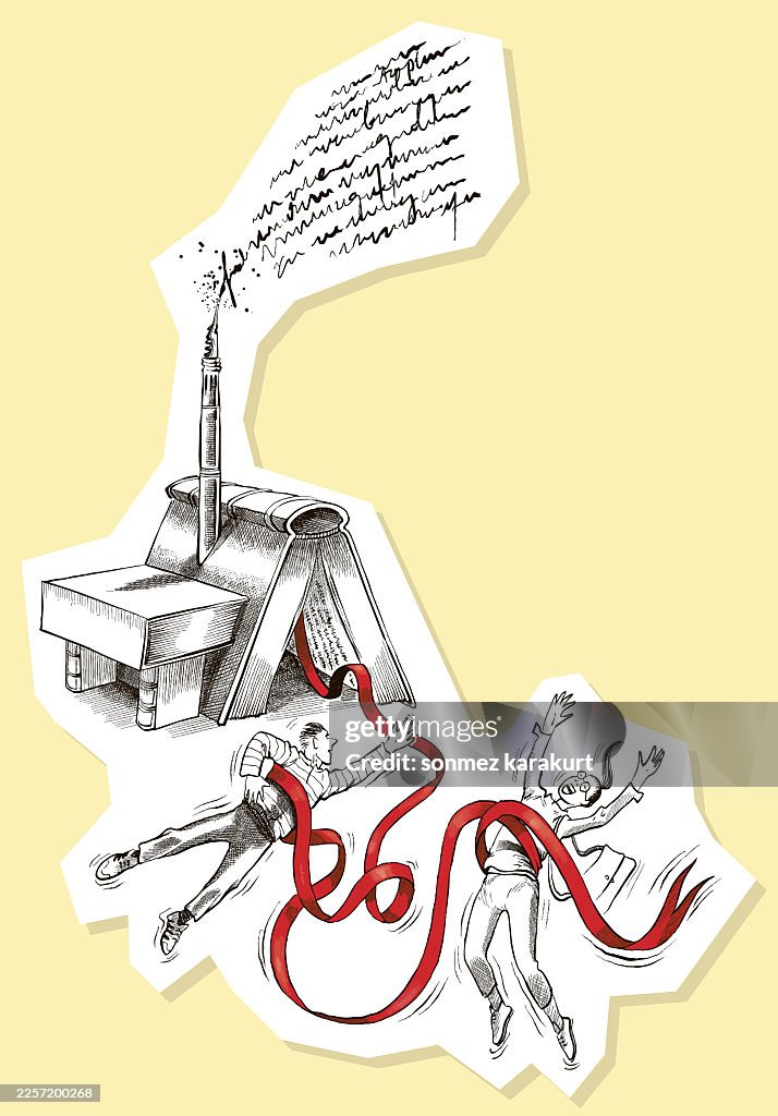 Ribbons emerging from the book-shaped building invite you to the book fair