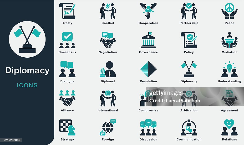Diplomacy solid icons collection.Containing Dialogue, Negotiation, Agreement, Strategy, Mediation, Compromise, International, Relations, Cooperation, Alliance, Policy, Peace, Conflict, Resolution