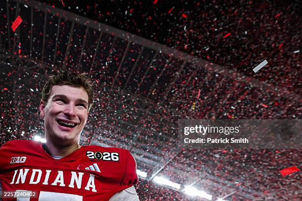 Fernando Mendoza of the Indiana Hoosiers smiles and celebrates after defeating Miami Hurricanes 27-21 in the 2026 College Football Playoff National...