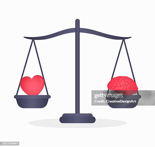 heart and brain on balance scale. emotional and logical decision making concept - logical thinking stock illustrations
