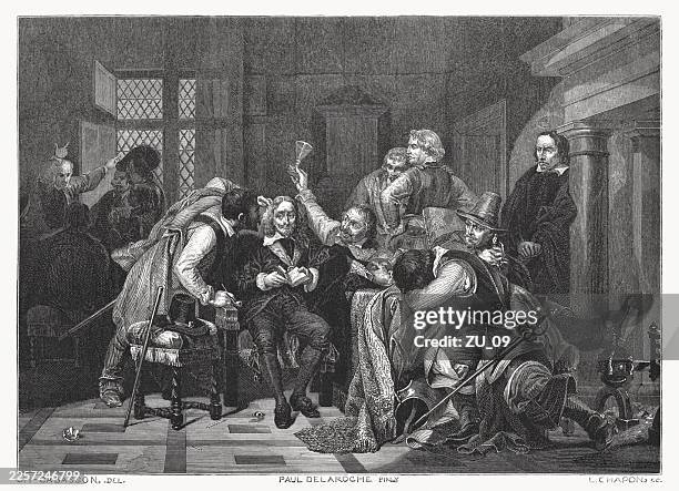 charles i insulted by cromwell’s soldiers (1649), woodcut, published 1883 - quadrant instrument of measurement stock illustrations