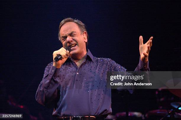 American Pop musician Neil Diamond performs onstage at Erwin Center, Austin, Texas, February 12, 2002.