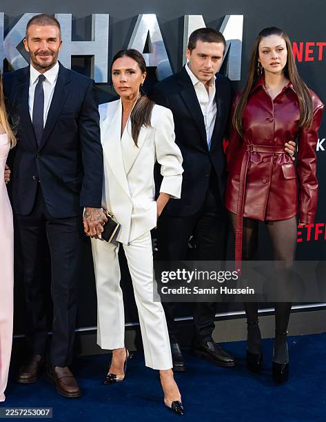 David Beckham, Victoria Beckham, Brooklyn Beckham and Nicola Peltz attend the Netflix 'Beckham' UK Premiere at The Curzon Mayfair on October 03, 2023...