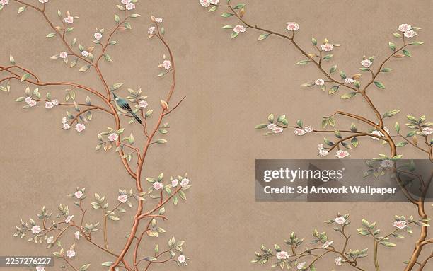 Elegant vintage wallpaper design featuring blooming cherry blossom branches and a small bird on a textured beige background. Perfect for printable wall murals and sophisticated interior decor.