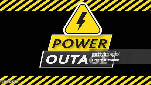 electrical power outage warning news alert sign concept web banner template design with striped warning tape background - blackout stock illustrations