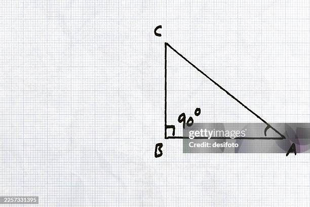 right angled triangle abc drawn on vector gray white graph paper, 90 degrees angle at b, drawn in black ink - right angle stock illustrations