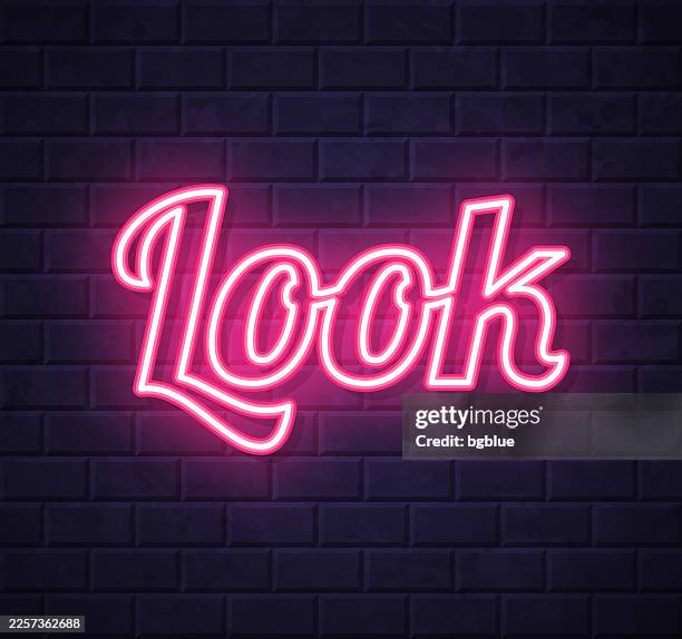 look - glowing neon text on brick wall background - looking over wall stock illustrations