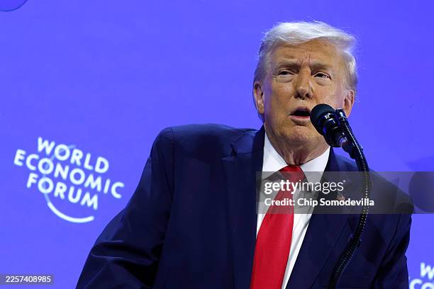 President Donald Trump gives a speech at the World Economic Forum on January 21, 2026 in Davos, Switzerland. The annual meeting of political and...