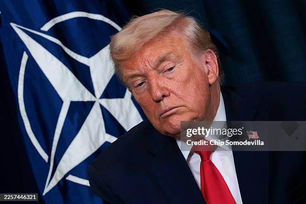 President Donald Trump attends a bilateral meeting with NATO Secretary General Mark Rutte on the sidelines of the World Economic Forum Annual Meeting...