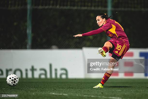 Alice Corelli of AS Roma in action during the Coppa Italia Women match between SS Lazio and AS Roma at Formello Training Center on January 21, 2026...