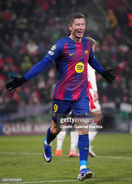 Robert Lewandowski of FC Barcelona celebrates scoring his team's fourth goal during the UEFA Champions League 2025/26 League Phase MD7 match between...
