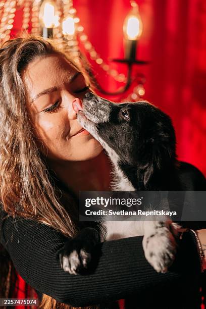woman holding puppy receiving affection from dog licking her nose - emotional support animal stock pictures, royalty-free photos & images
