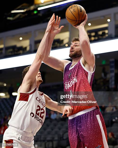 Hunter Dickinson of the Birmingham Squadron shoots the ball during the game against the Cleveland Charge on January 24, 2026 at Legacy Arena in...