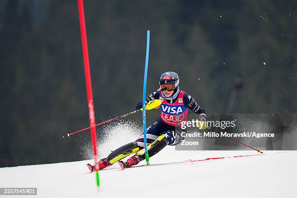 Mikaela Shiffrin of Team United States in action during the Audi FIS Alpine Ski World Cup Women's Slalom on January 25, 2026 in Spindleruv Mlyn,...