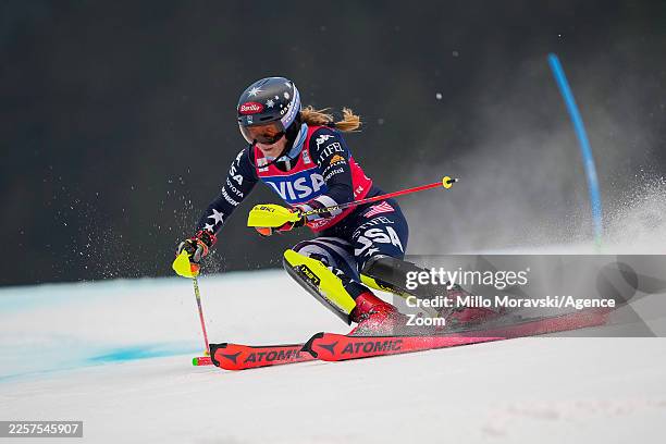 Mikaela Shiffrin of Team United States in action during the Audi FIS Alpine Ski World Cup Women's Slalom on January 25, 2026 in Spindleruv Mlyn,...