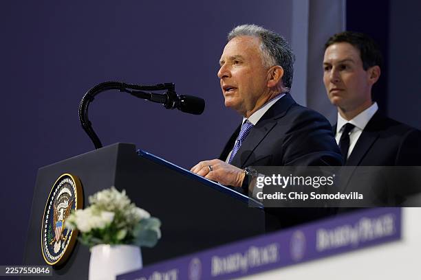 United States Special Envoy to the Middle East Steve Witkoff speaks alongside Donald Trump's son-in-law Jared Kushner after U.S. President Donald...