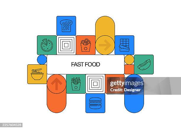 fast food related vector illustration. hamburger, cheeseburger, noodle, hot dog, sandwich, pizza - chicken nugget stock illustrations