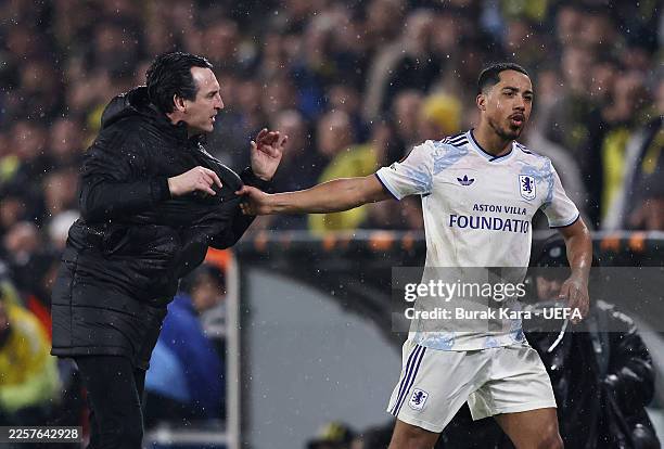 Unai Emery, Manager of Aston Villa, clashes with Youri Tielemans of Aston Villa during the UEFA Europa League 2025/26 League Phase MD7 match between...