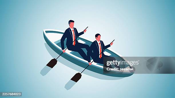 team regatta or rowing race, teamwork. isometric view traders sitting and rowing forward - rowing team stock illustrations