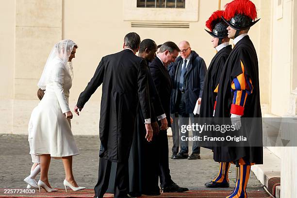 Grand Duke Guillaume of Luxembourg and Grand Duchess Stephanie of Luxembourg arrive at the Apostolic Palace for an audience with Pope Leo XIV on...