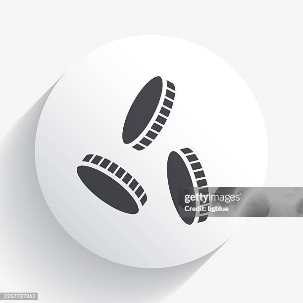 coins falling. icon on circle button with long shadow - token stock illustrations