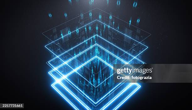 glowing data cube with binary code technology background. quantum computing concept - quantum stock pictures, royalty-free photos & images