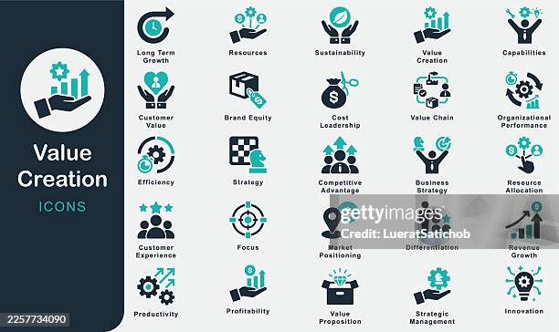 value creation solid icons collection.containing differentiation, strategy, focus, resources, capabilities, competitive advantage, cost leadership, customer, value proposition, innovation, efficiency - value creation stock illustrations