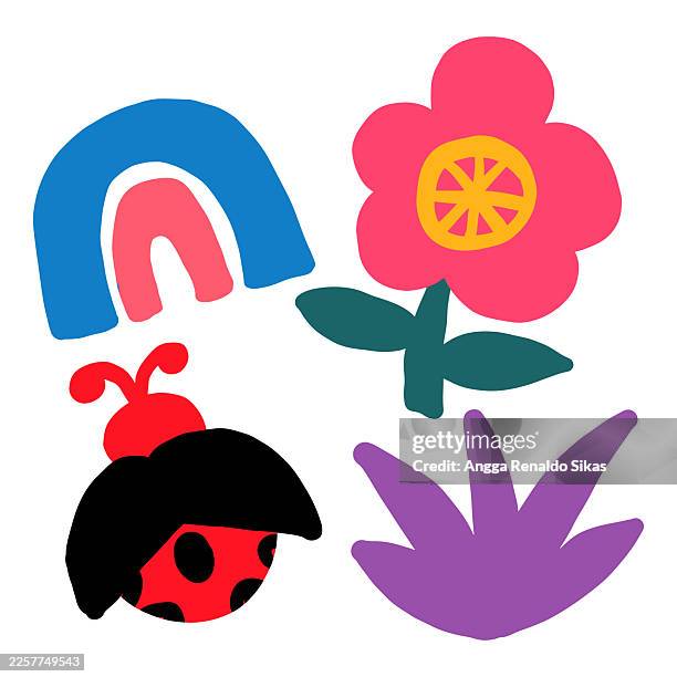 rainbow, flower, bug and grass colorful childish drawing on white background - ladybug stock illustrations