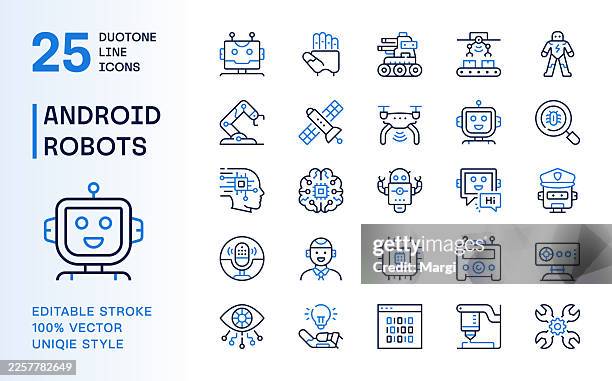 android and artificial intelligence duotone line icons set - bionic hand stock illustrations