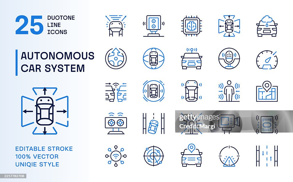 Autonomous Car and Smart Vehicle System Duotone Line Icons