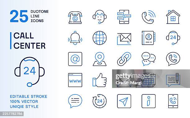 ilustraciones, imágenes clip art, dibujos animados e iconos de stock de iconos de línea duotone del centro de atención telefónica y atención al cliente - espacio de trabajo virtual compartido