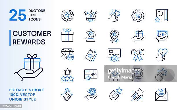 customer rewards and loyalty program duotone line icons set - feedback box stock illustrations