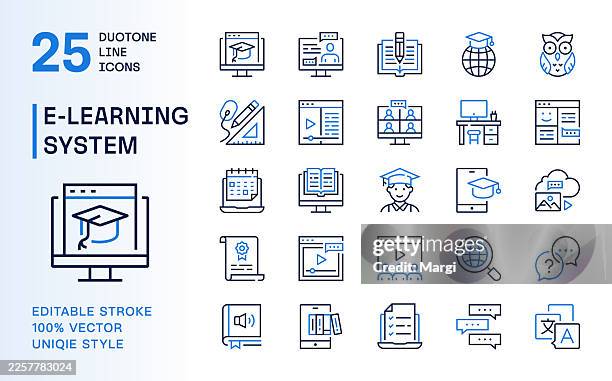 e-learning system and digital education duotone line icons set - join us webinar stock illustrations