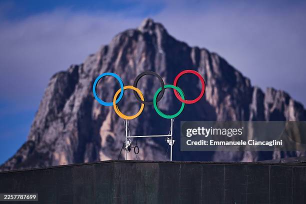 Olympics Rings are seen above the Cortina Curling Olympic Stadium ahead to the Olympic Winter Games Milano Cortina 2026 on January 23, 2026 in...