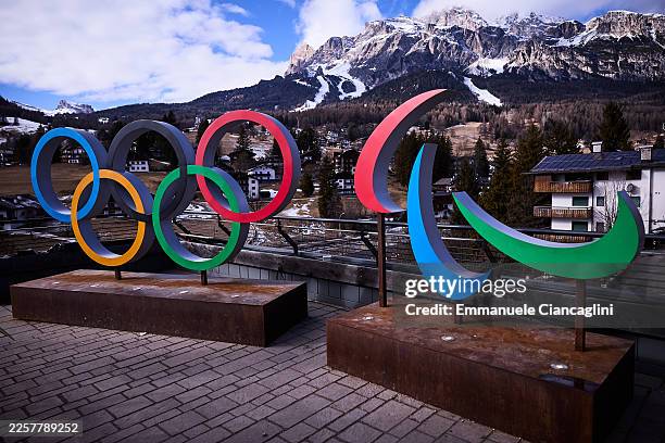 Olympics Rings and Paralympics Agitos are seen in the historic centre of Cortina d'Ampezzo ahead to the Olympic Winter Games Milano Cortina 2026 on...