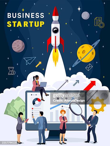 startup launch growth business vector illustration - man looking stock illustrations