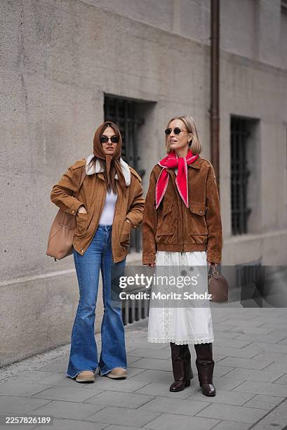 Anna Winter is seen wearing a brown suede jacket with shoulder epaulettes and an accent shearling collar from Source Unknown; a white fitted crew...