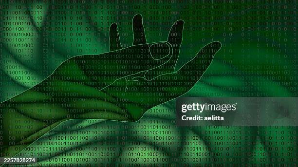 illustration of a hand, palm facing upward, on a green wave background with flowing binary code. - green artificial intelligence background eps stock illustrations