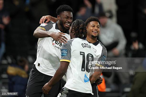 Patrick Agyemang of Derby County celebrates scoring his team's first goal with teammates during the Sky Bet Championship match between Derby County...