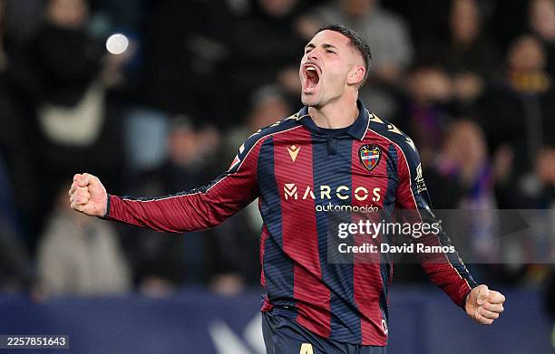 Adrian de la Fuente of Levante UD celebrates scoring his team's second goal during the LaLiga EA Sports match between Levante UD and Elche CF at...